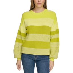 Womens Striped Side-Zip Blouson-Sleeve Sweater