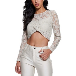 Womens Ariel Lace Twist-Front Long-Sleeve Cropped Top