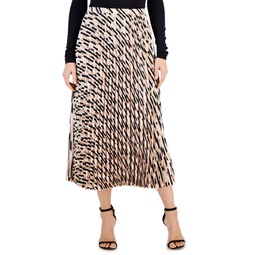 Womens Printed Satin Pull-On Pleated Skirt