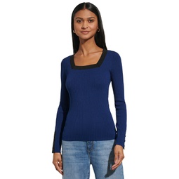 Womens Square-Neck Contrast-Trim Sweater