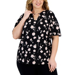 Plus Size Floral-Print Bell-Sleeve Top