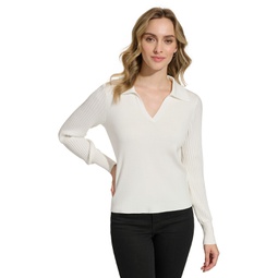 Womens Collared V-Neck Ribbed-Sleeve Sweater
