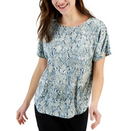 Womens Printed Boat-Neck Short-Sleeve Top