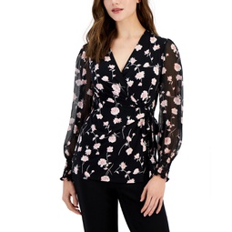 Womens Floral-Print Smocked Wrap Top
