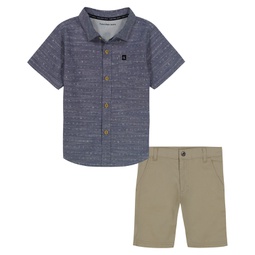 Little Boys Logo Print Button-Up Short Sleeve Shirt and Twill Shorts 2 Piece Set