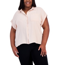 Plus Size Button-Down Rolled-Cuff Pocket-Front Top