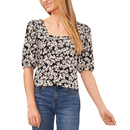 Womens Ditsy Floral Square Neck Puff Sleeve Knit Top