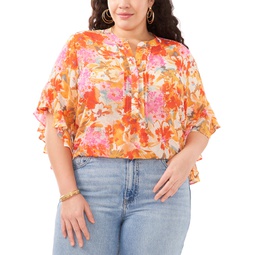 Plus Size Pintucked Floral Print Flutter Sleeve Top