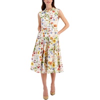 Womens Floral Printed Linen-Blend Belted Fit & Flare Midi Dress