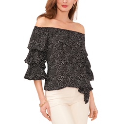 Womens Printed Off The Shoulder Bubble Sleeve Tie Front Blouse