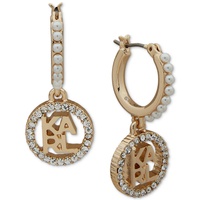 Gold-Tone Pave Logo Charm Imitation Pearl Hoop Earrings