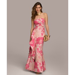 Womens Floral-Jacquard Ruffled Strapless Gown