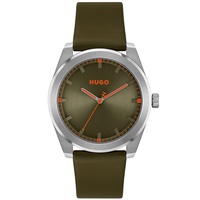 HUGO Mens Bright Quartz Olive Leather Watch 42mm