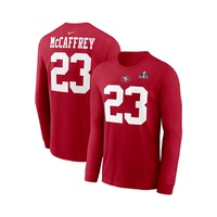 Mens Christian McCaffrey Scarlet San Francisco 49ers Super Bowl LVIII Patch Player Name and Number Long Sleeve T-shirt