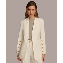 Womens Linen-Blend Button-Sleeve Blazer