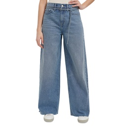 Womens Cut-Hem High-Rise Wide-Leg Belted Cotton Denim Jeans