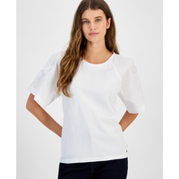 Womens Crewneck Embroidered-Sleeve Top