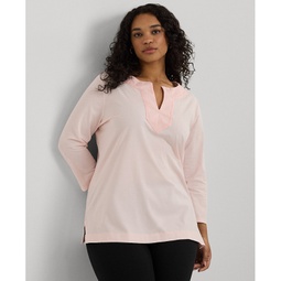 Womens Plus Size Split-Neck Three-Quarter Sleeve Cotton Tunic