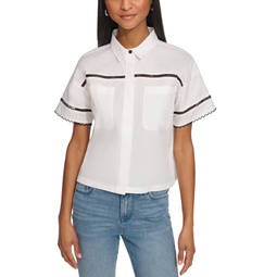 Womens Collared Cotton Logo Lace Shirt