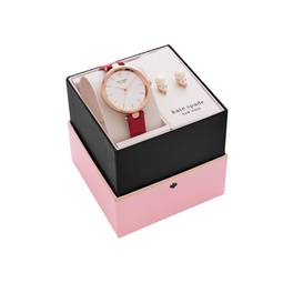 Womens Holland Red Leather Watch and Earring Box Set 34mm