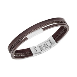 Mens Multi-Strand Silver-Tone Steel and Brown Leather Bracelet