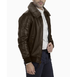Mens Removable-Collar Leather Bomber Jacket
