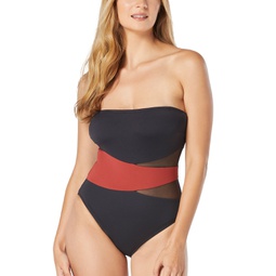 Womens Contours Level Bandeau Mesh Tummy-Control One-Piece Swimsuit