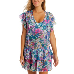 Womens Printed Crazy Daisy Tiered Flutter-Sleeve Tie-Neck Swim Cover-Up