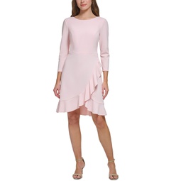 Womens Scoop-Neck Ruffle-Trim 3/4-Sleeve Dress