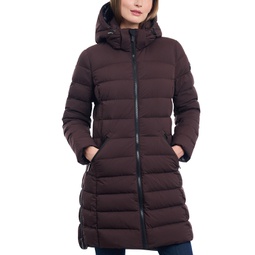 Womens Petite Hooded Faux-Leather-Trim Puffer Coat