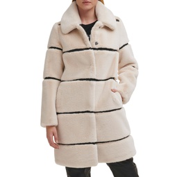 Womens Faux-Leather Trim Faux-Fur Coat