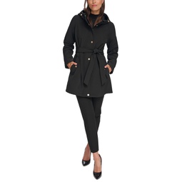 Womens Petite Hooded Belted Softshell Raincoat