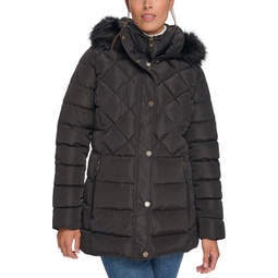 Womens Petite Bibbed Faux-Fur-Trim Hooded Puffer Coat