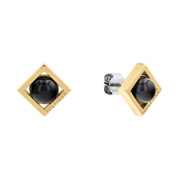 Womens Onyx Circle Gold-Tone Stainless Steel Earring