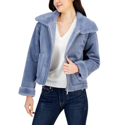 Womens Faux-Fur Wide-Collar Cropped Jacket