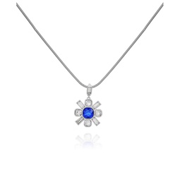 Silver-Tone Blue Sapphire Glass Stone Flower Pendant Chain Necklace 32 + 3 Extender