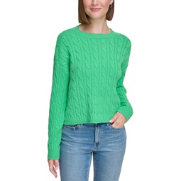 Womens Lightweight Cable Knit Cropped Long Sleeve Crewneck Sweater