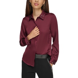Womens Grommet-Embellished Button-Front Top