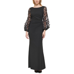 Womens 3D Floral-Sleeve Boat-Neck Gown