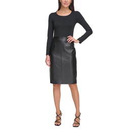 Petite Faux Leather Mixed Media Pencil Skirt
