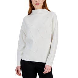 Womens Imitation-Pearl Embellished Dolman-Sleeve Sweater