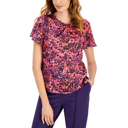 Womens Printed Flutter Sleeve Keyhole Top