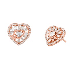 Sterling Silver or Rose Gold-Plated Tapered Baguette Heart Stud Earrings