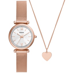 Womens Carlie Three-Hand Rose Gold-Tone Stainless Steel Mesh Watch 28mm and Necklace Box Gift Set