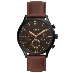 Mens Fenmore Multifunction Black-Tone Brown Leather Watch 44mm