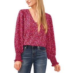 Womens Printed Long-Sleeve Smocked-Cuff Blouse