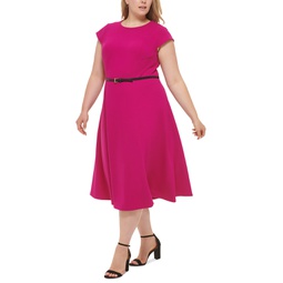 Plus Size Cap-Sleeve Belted Fit & Flare Dress
