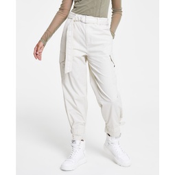 Womens Belted Mixed Media Cargo Pants