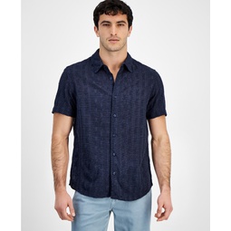 Mens Textured Embroidered Button-Front Short Sleeve Shirt