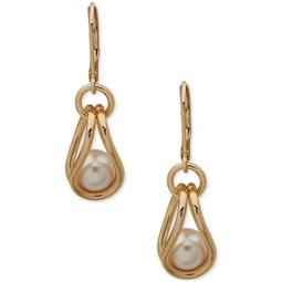 Gold-Tone Link & Imitation Pearl Drop Earrings